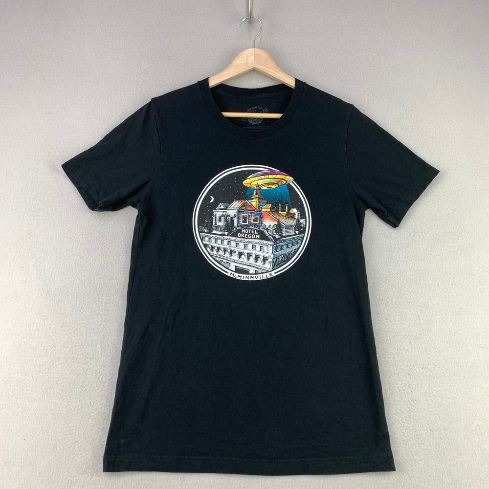 McMenamins Hotel Oregon T-Shirt Mens Small Black Graphic UFO Tee McMinnville
